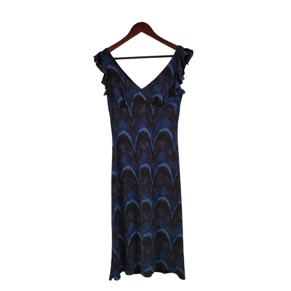 Vintage 90's La Belle Turquoise Black Sparkle Ruffle Bodycon Midi Dress Medium M - Picture 2 of 7